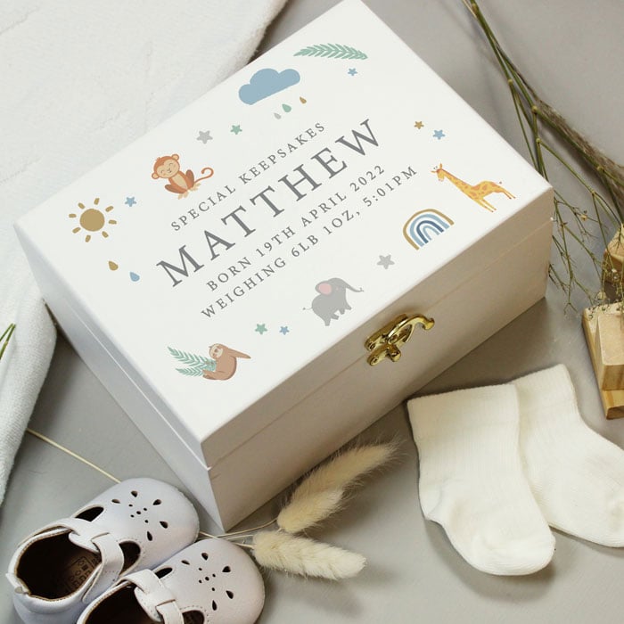 Personalised Safari Animals White Wooden Baby Keepsake Box