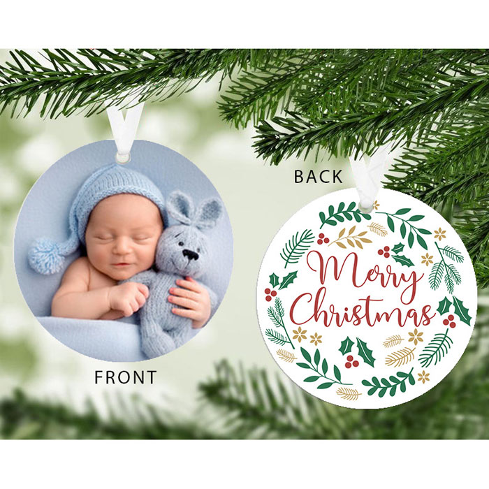 Merry Christmas Holly Wreath Photo Upload Tree Decoration