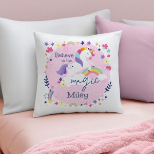 Girl's Personalised Pink Unicorn Cushion With Pad