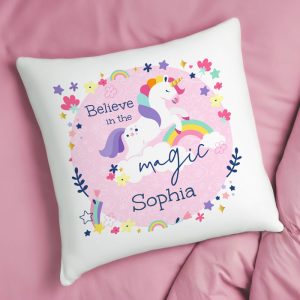 Girl's Personalised Pink Unicorn Cushion With Pad