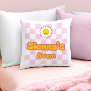 Girl's Personalised Daisy Checked Cushion With Pad Insert