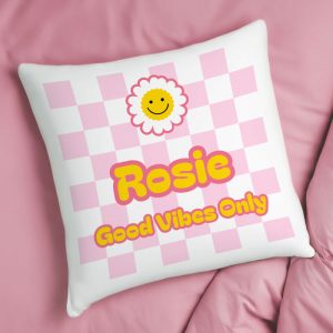 Girl's Personalised Daisy Checked Cushion With Pad Insert