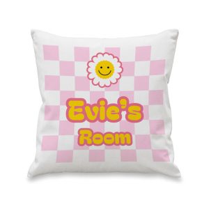Girl's Personalised Daisy Checked Cushion With Pad Insert