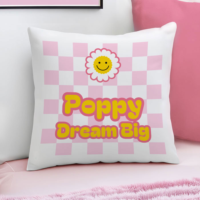 Girl's Personalised Daisy Checked Cushion With Pad Insert
