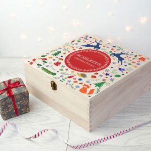 Personalised Festive Woodland Red Large Christmas Eve Box