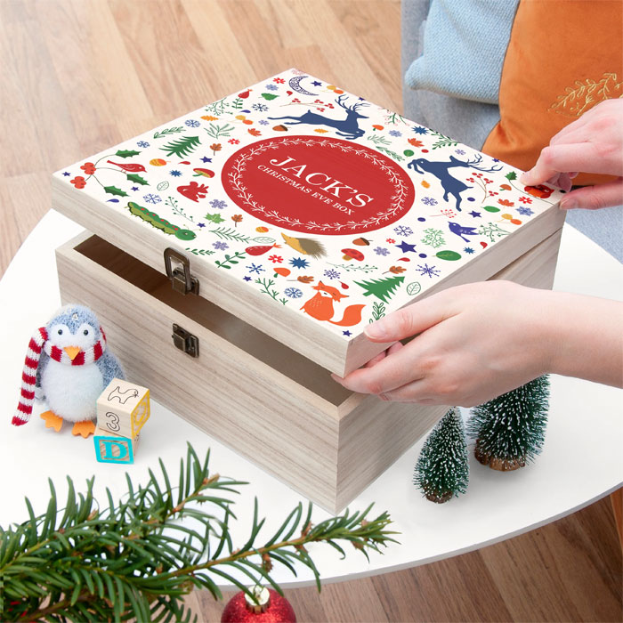 Personalised Festive Woodland Red Large Christmas Eve Box