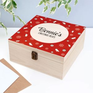 Personalised Cat Treats Large Wooden Christmas Keepsake Box