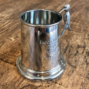 Personalised Engraved Stork Handle Pewter Baby Mug