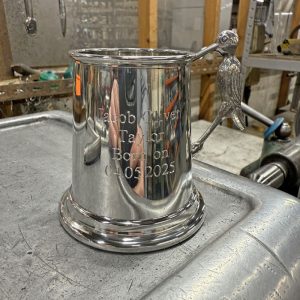 Personalised Engraved Stork Handle Pewter Baby Mug