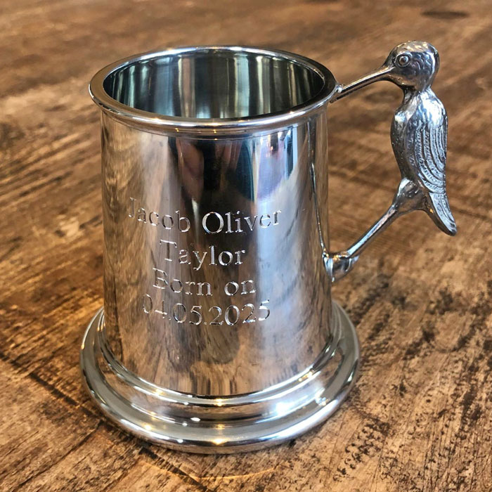 Personalised Engraved Stork Handle Pewter Baby Mug