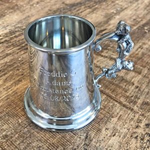 Engraved Teddy Bear Handle Pewter Quarter Pint Baby Mug