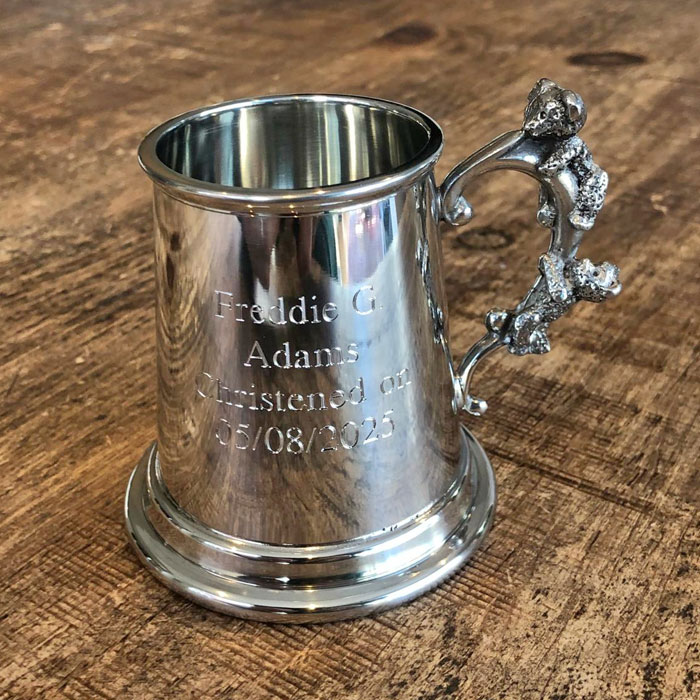 Engraved Teddy Bear Handle Pewter Quarter Pint Baby Mug
