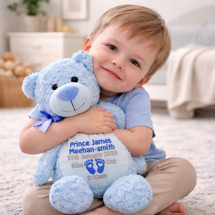 Personalised Embroidered Blue Teddy Bear Suitable From Birth