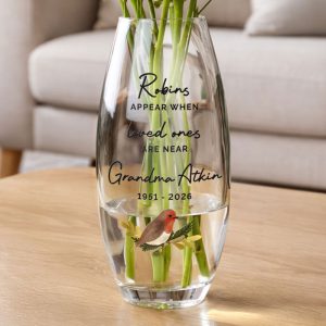 Personalised Robins Appear Glass Bullet Vase Memorial Gift