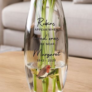 Personalised Robins Appear Glass Bullet Vase Memorial Gift