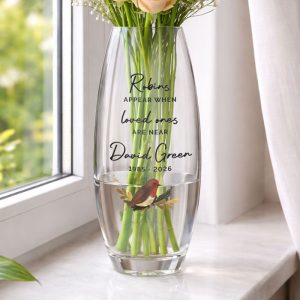 Personalised Robins Appear Glass Bullet Vase Memorial Gift