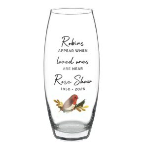 Personalised Robins Appear Glass Bullet Vase Memorial Gift