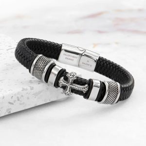 Personalised Engraved Men's Gothic Cross Leather Bracelet