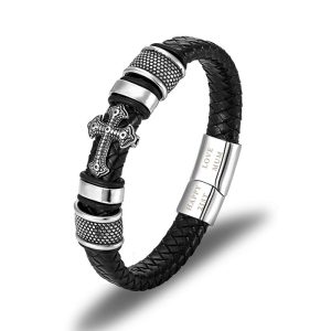Personalised Engraved Men's Gothic Cross Leather Bracelet