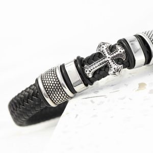 Personalised Engraved Men's Gothic Cross Leather Bracelet