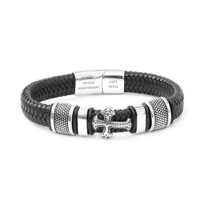 Personalised Engraved Men's Gothic Cross Leather Bracelet