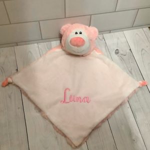 Personalised Embroidered Cubbies Pink Bear Baby Comforter