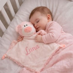 Personalised Embroidered Cubbies Pink Bear Baby Comforter