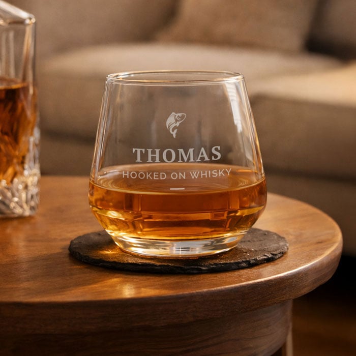 Personalised Engraved Fishing Motif Glass Whisky Tumbler