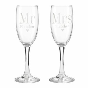 Personalised Mr & Mrs Pair of Glass Champagne Flutes