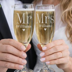 Personalised Mr & Mrs Pair of Glass Champagne Flutes