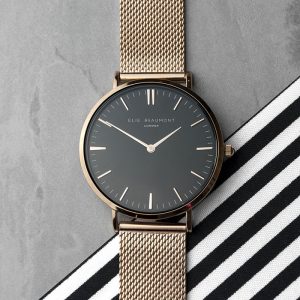 Ladies Personalised Rose Gold Mesh Strap Watch & Black Dial