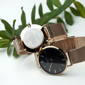 Ladies Personalised Rose Gold Mesh Strap Watch & Black Dial