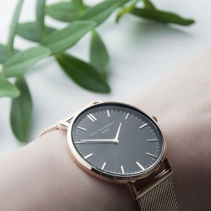 Ladies Personalised Rose Gold Mesh Strap Watch & Black Dial