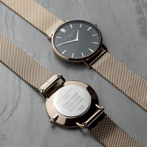 Ladies Personalised Rose Gold Mesh Strap Watch & Black Dial