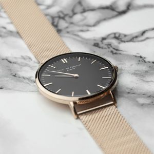 Ladies Personalised Rose Gold Mesh Strap Watch & Black Dial