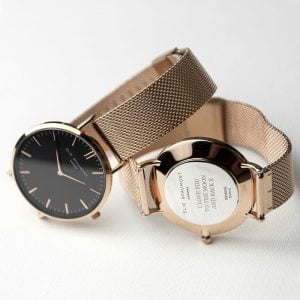 Ladies Personalised Rose Gold Mesh Strap Watch & Black Dial
