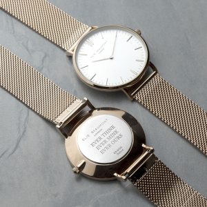 Ladies Personalised Rose Gold Mesh Strap Watch & White Dial