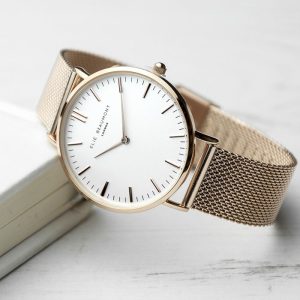 Ladies Personalised Rose Gold Mesh Strap Watch & White Dial