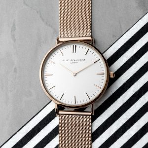 Ladies Personalised Rose Gold Mesh Strap Watch & White Dial