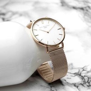 Ladies Personalised Rose Gold Mesh Strap Watch & White Dial