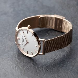Ladies Personalised Rose Gold Mesh Strap Watch & White Dial