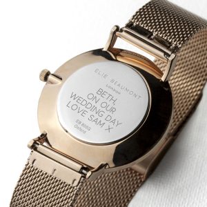 Ladies Personalised Rose Gold Mesh Strap Watch & White Dial