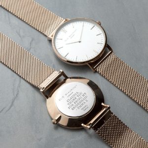 Ladies Personalised Rose Gold Mesh Strap Watch & White Dial