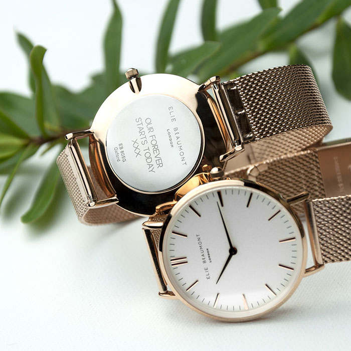 Ladies Personalised Rose Gold Mesh Strap Watch & White Dial