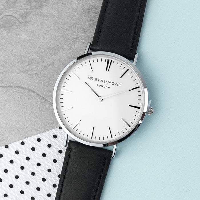 Men's Mr Beaumont Personalised Leather Watch In Black