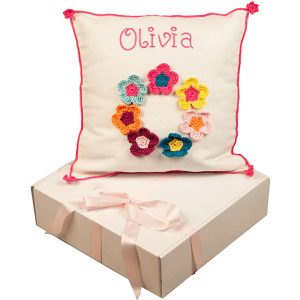 Girl's Personalised Crocheted Nursery Cushion in a Box