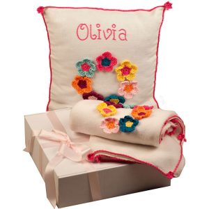 Crocheted Nursery Set With Personalised Cushion and Blanket