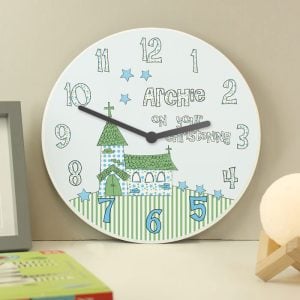 Wooden Personalised Christening Clock Church Design