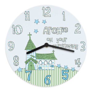Wooden Personalised Christening Clock Church Design