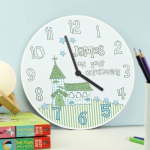 Wooden Personalised Christening Clock Church Design